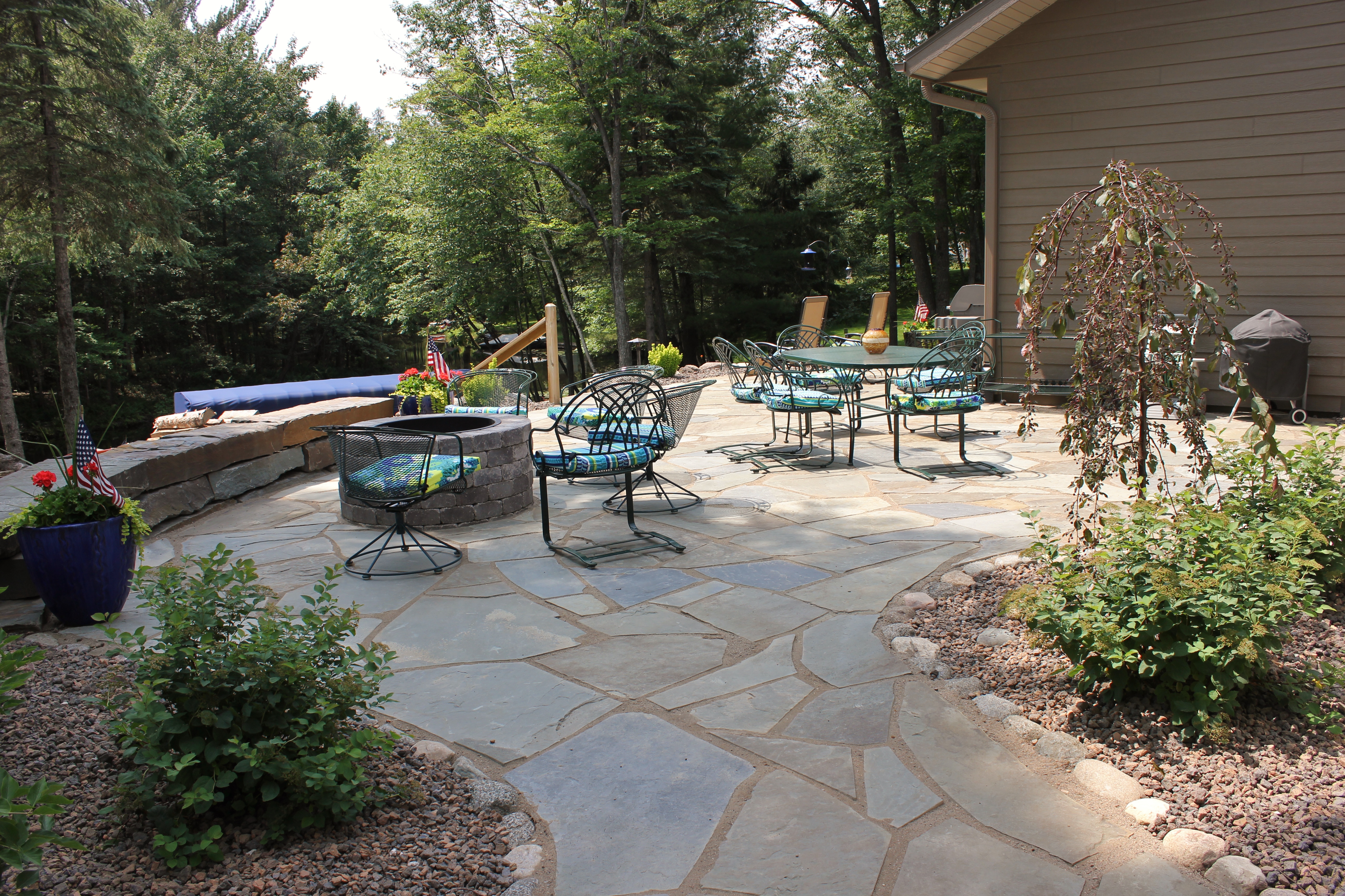 halquist full color blue flagstone & siera gray patio with firepit